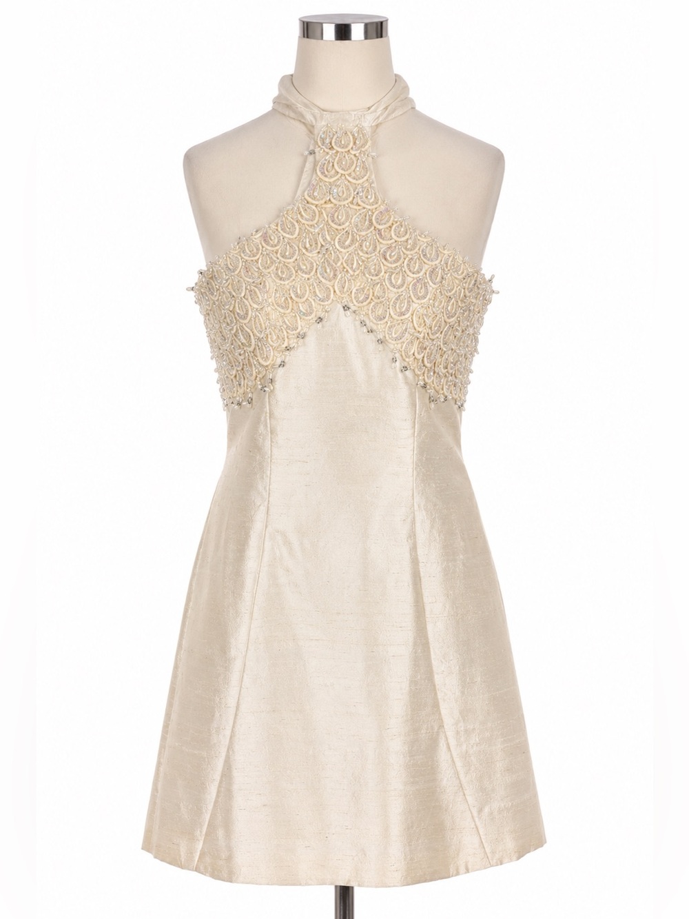 Vintage Beaded Halter Mini Dress Ivory Formal XS/S Wedding Bridal Prom